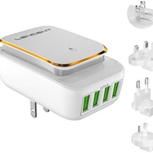LENCENT USB Charger Plug, 4 USB International Travel Adapter Wall Charger with LED Touch Night Light, UK England/EU European/AUS/USA Adaptor Plug (Type A/C/E/F/G/H/J/K/L/N)