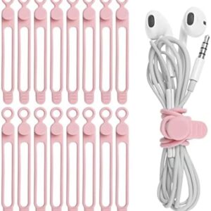 Nearockle 16Pcs Silicone Cable Straps Wire Organizer for Earphone, Phone Charger, Mouse, Audio, Computer, Reusable Fastening Cable Ties Cord Organizer in Home, Office, Kitchen, School (Pink)
