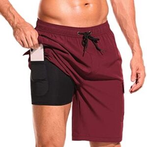 SILKWORLD Men's Swim Trunks with Compression Liner Quick Dry Bathing Suits 9 Inch Swimming Shorts with Cargo Pockets