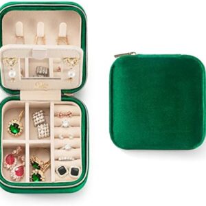 Plush Velvet Travel Jewelry Case, Travel Jewelry Organizer, Jewelry Travel Case, Travel Jewelry Box, Small Jewelry Case for Women, Jewelry Travel Box, Earring Organizer with Mirror - Emerald Green
